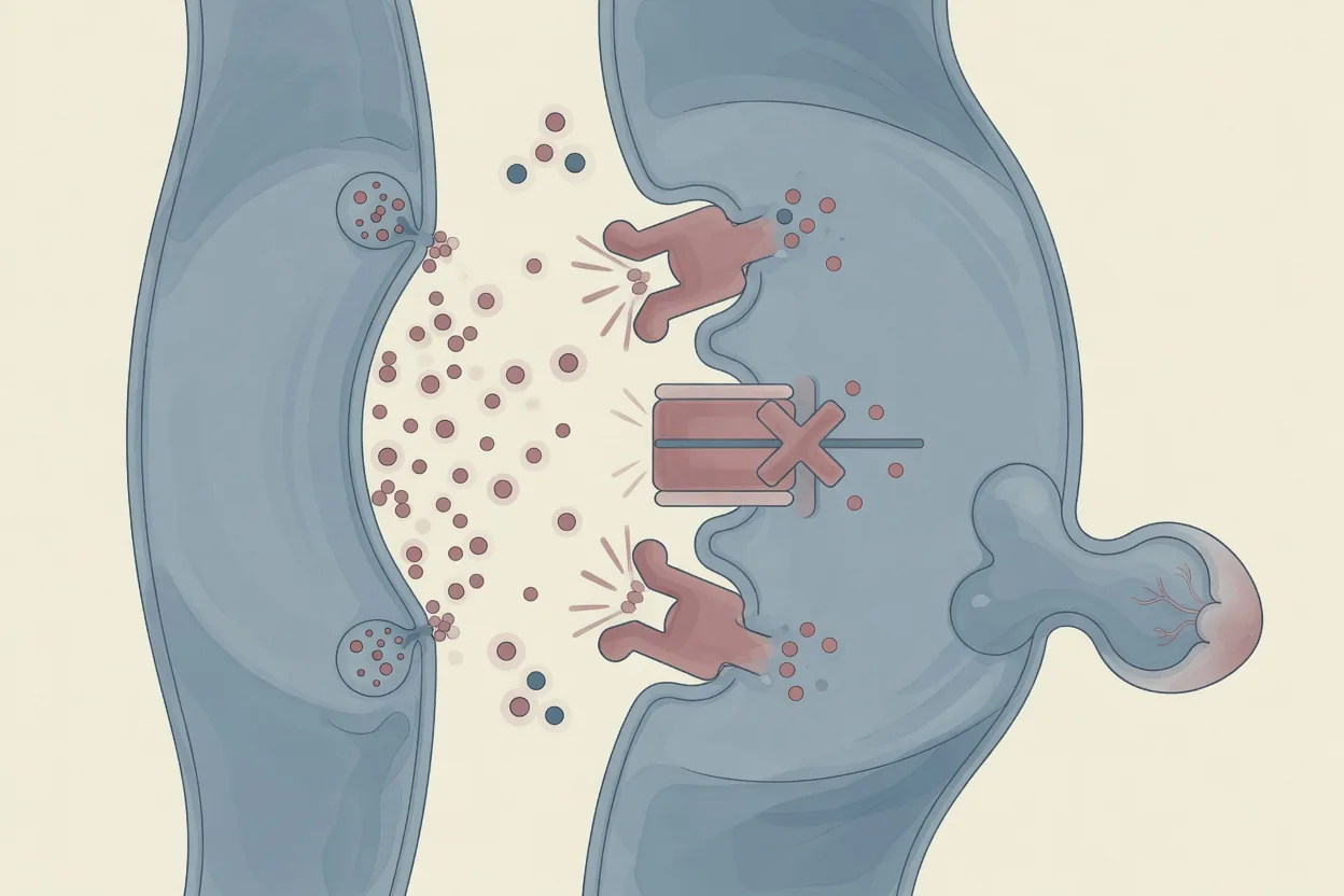 Diagram of a synapse: ketamine blocks the NMDA receptor while a surge of glutamate crosses the synaptic gap and activates AMPA receptors on a new dendritic spine