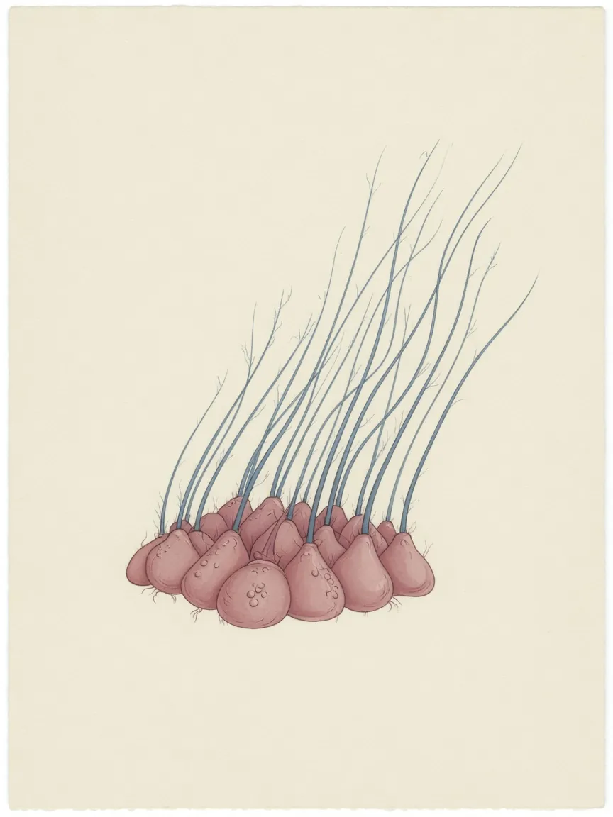 Botanical-style illustration of hair strands growing from follicles