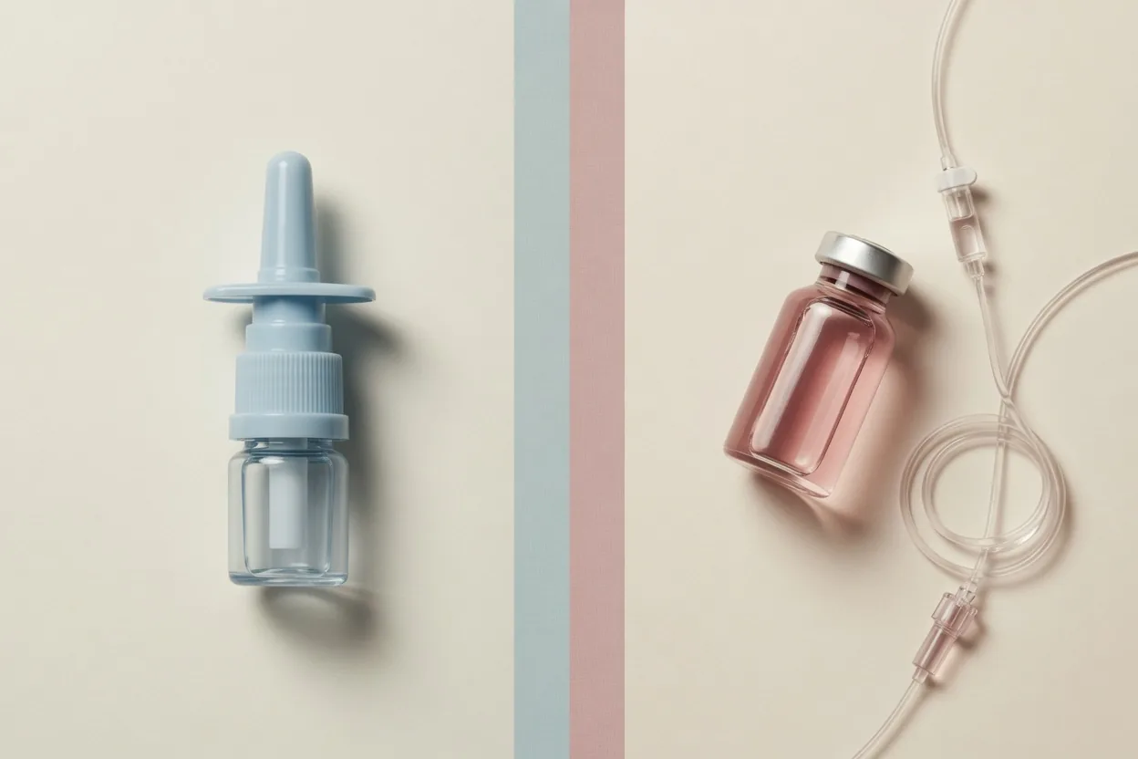 A nasal spray device and a vial with an IV line side by side — the two forms of ketamine treatment
