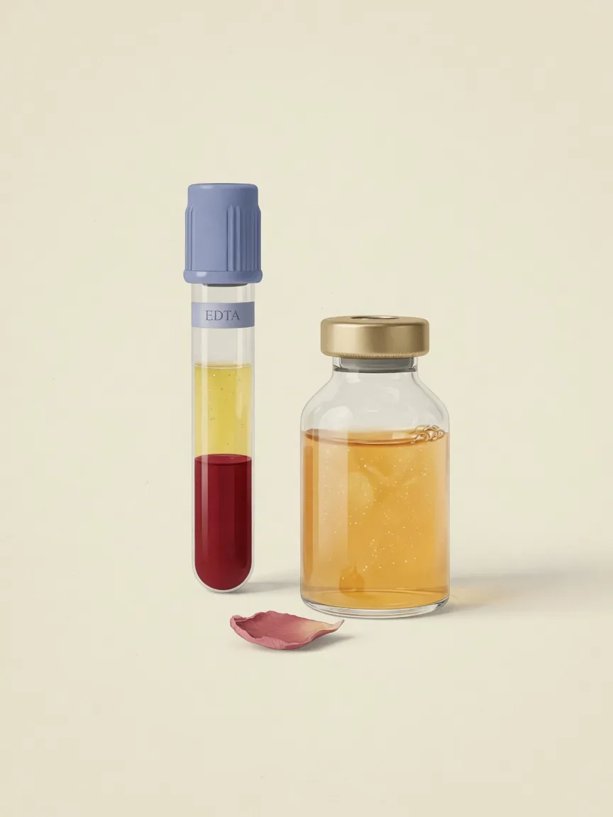 A blood-collection tube and a vial of platelet-rich plasma