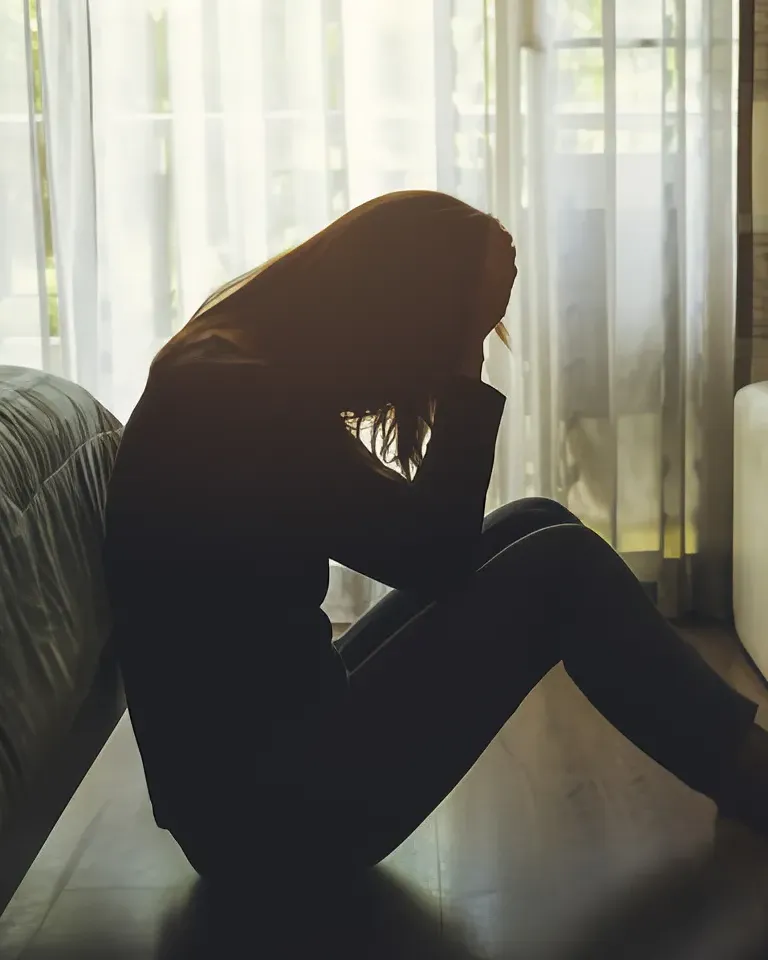 Woman in silhouette sitting on the floor against her bed, struggling with treatment-resistant depression